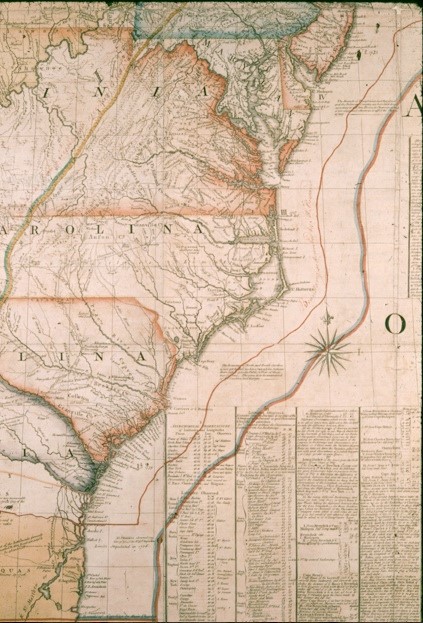 The so-called ‘Red-Lined Map’ : the revised (1775) edition of the Mitchell map of North America (1755) annotated with lines to illustrate interpretations of previous treaties, used by the British delegation in Paris 1782-3 when negotiating the independence of the USA (detail)