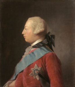 George III, by Allan Ramsay, 1762. In this portrait, George III wears a wig with a silk bag over the ponytail. 