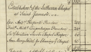 The Establishment of the Lutheran Chapel at Saint James's, 1727. Ann Mary Steidel, "for Cleaning Ye Chapel," was paid 16 pounds per year. 